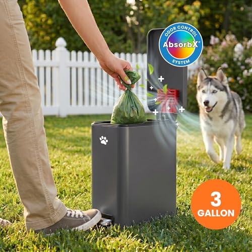 Image of iTouchless 3 Gallon / 12 Liter Outdoor Pet Waste Bin with AbsorbX Odor Filter - Stainless Steel Garbage Can with Lid & Pedal - Small Trash Can for Patio, Deck, Yard, and Garage, Matte Gray