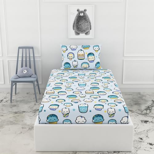 Image of LORETO - A QUALITY LINEN BRAND 144 TC 100% Pure Cotton Single Fitted Bedsheet with 1 Pillow Cover for 72 x 36 Inch Mattress, All-Around Elastic, 8 Inch Deep Pocket, Kawaii Pastel Sky Drinks