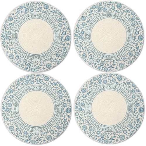 Image of Dining Table Mats Set of 4 | Cotton Table Mat 32 cm Diameter, Encasa XO Washable Round Table Mats, Heat Resistance Dining Table Placemats, Handmade Ribbed Style for Centre Table, Printed Light Blue