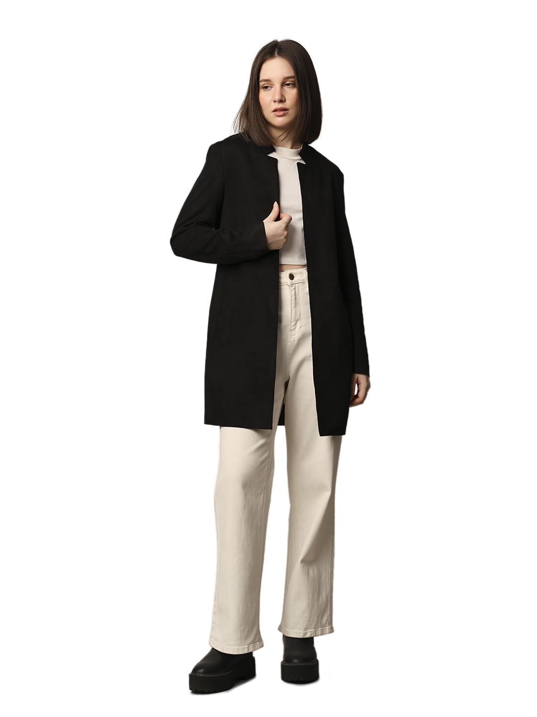Women Solid Stand Collar Front-Open Overcoats-image-48