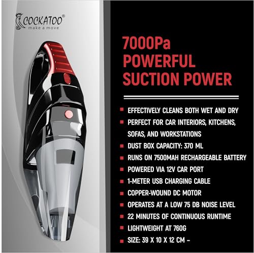 Image of Cockatoo WL-X08 Cordless Handheld Vacuum Cleaner 2-in-1 for Car & Home, 7000Pa Suction, Wet & Dry, 7500mAh Battery, LED Light, Pet Hair Tool, Portable, Lightweight, Dual Power (Cordless & Corded)