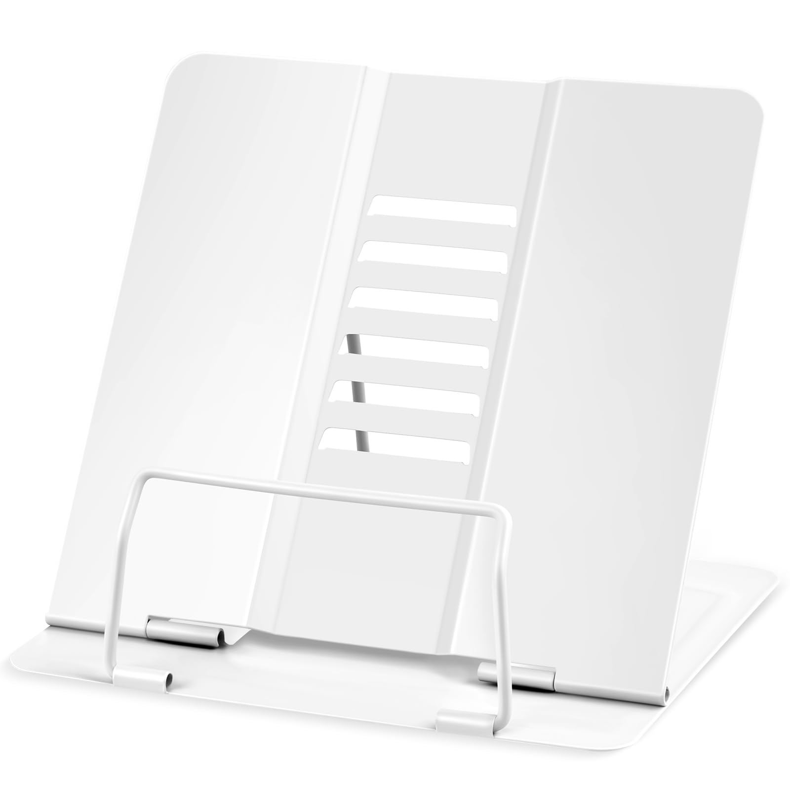 WUGU Atril para Libros de Metal Plegable, Soporte Libros para Estudiar Soporte de Lectura para Libros Multifuncional de Metal para Apoya para Partituras, Discursos, Libro Texto, iPad, Recetas (blanco)