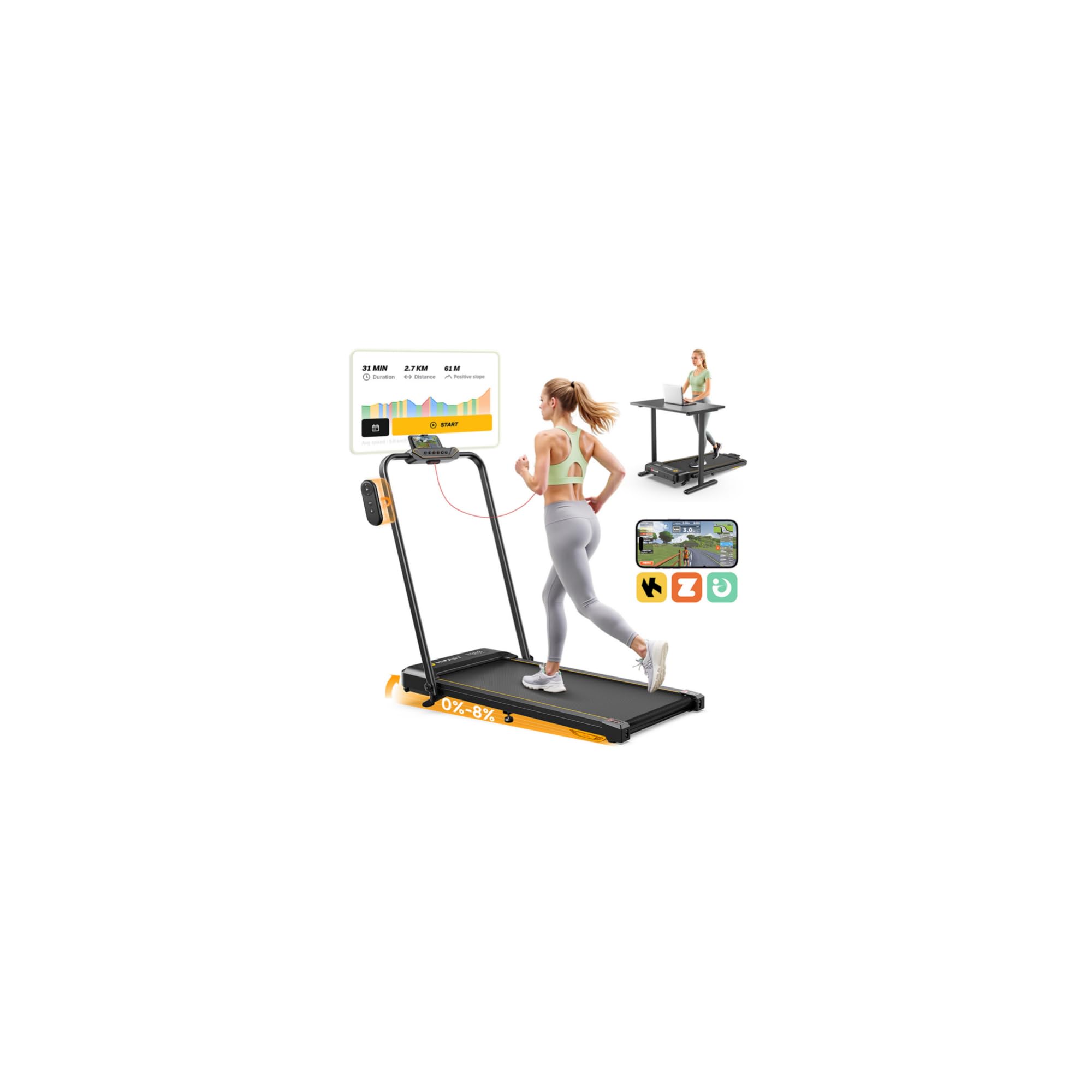 Walking Pad Treadmill, 3 in 1 Foldable Under Desk Treadmills for Home Office, Small Walking Pad with Incline Handle Bar, 300lbs Capacity 2.5HP Portable Running Machine with APP Remote Control