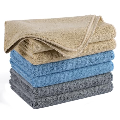 Polyte - 6 Chiffons de Nettoyage en Microfibres - qualité Professionnelle - Bleu/Camel/Gris - 41 x 61 cm