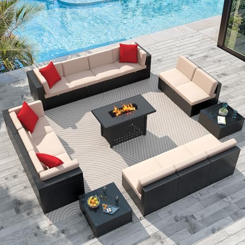 Image of Greesum Patio Furniture Sets 15-Pieces Outdoor PE Rattan Sectional Sofa w /43in Gas Fire Pit Table 55000 BTU Add Warmth to Gatherings Parties On Deck Garden Backyard,Beige