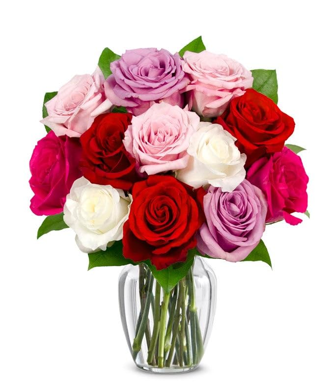 From You Flowers - One Dozen Assorted Sweetheart Roses with Glass Vase | Fresh Flower Bouquets for Birthday, Anniversary, Get Well or Celebration