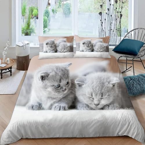 Funda Nordica Cama 105 Gato, 3D Funda Edredon 180x220 cm Gato Lindo Microfibra Ropa de Cama Animales Reversible 3 Piezas, Funda de Edredón + 2 Fundas de Almohada b6867