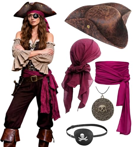 kasahara Ensemble Accessoires Pirate avec Chapeau, Bandana, Ceinture, Cache-œil et Collier – Déguisement Pirate Médiéval pour Halloween, Carnaval, Festival et Soirée à Thème (Brun A)