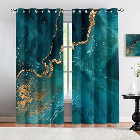 GKPLY Turquoise Gold Abstract Marble Window Curtains, Retro Swirl Luxury Grommet Top Curtains for Living Room, Eyelet Privacy Thermal Insulated Curtain for Bedroom Office Study54 W x 84 "L Cover