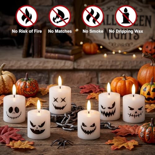 Image of Halloween Flameless Votive Real Wax Candles Battery Operated with Remote | White, 3D Wick Flickering, 2 /4 /6 /8H Timer, LED Light, Halloween Home Decor & Gift, 2 inch x 3.4 inch, 6 pack
