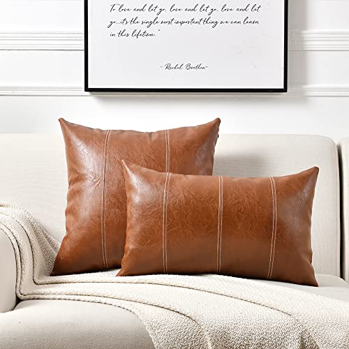 Image of Fancy Homi Brown Boho Lumbar Faux Leather Decorative Throw Pillow Covers 12x20 Inch for Living Room Couch Bed Sofa, Hand Stitched Rectangle Cushion Case 30x50 cm, Rustic Modern Farmhouse Home Decor