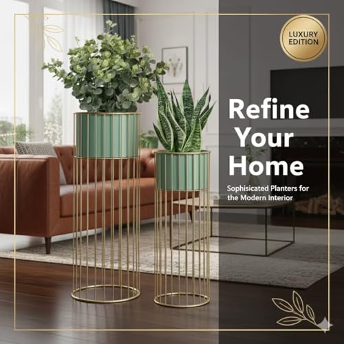Image of Inspired Creations Premium Metal Planter Stand for Indoor Plants - Set of 2, Modern Decorative Gold Flower Pot Stands for Living Room, Home Decor, Balcony & Garden (Sturdy & Rust-Proof)