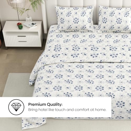 Image of Rivermoor 144 TC Cotton Bedsheet for Double Bed | Queen Size Bed Sheet with 2 Pillow Covers | White Blue Floral Pattern | 90 x 100 Inches