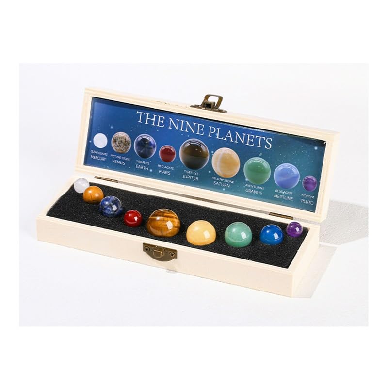 Juego de esferas de cristal del sistema solar, 9 planetas en piedras preciosas naturales, especímenes minerales pulidos a mano para decoración de escritorio y curación, regalo educativo (soporte de