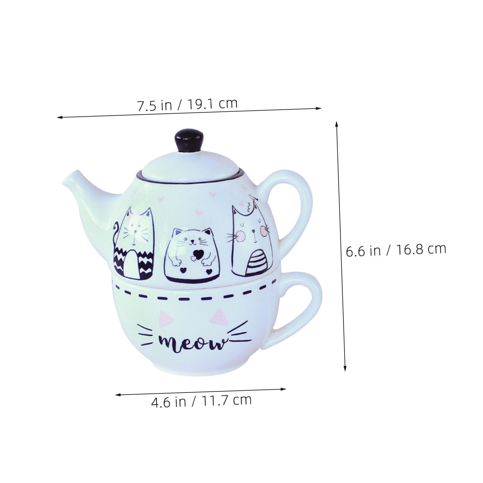Service à Thé Théière-tasse Céramique Blanc, Motif Chat, 1 Set