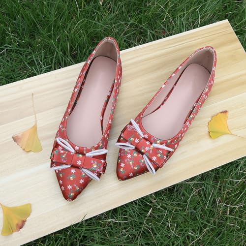 Pointy Toe Dressy Flats Shoes for Women Comfortable, Adorable Embroidered Bows, Red Cushioned Dance Shoes for Christmas2
