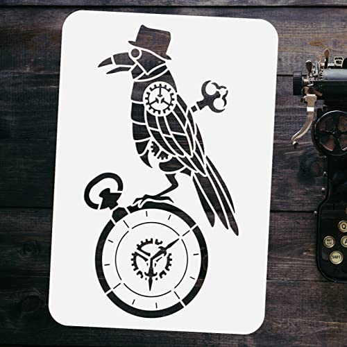 FINGERINSPIRE Steampunk Crow Stencil 21x29.7cm Hollow Out Painting Stencil Crow Drawing Template Spring Clock Pattern Stencil Mechanical Style Stencil for Furniture Door Wall Decor - Image 3