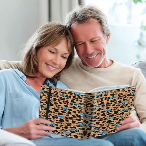 Image of Photo Album 4x6 120 Photos with Strong Elastic Band, Blue Bow Leopard | Large Capacity Premium Leather Picture Album, Portable Wallet Albums Photo Book for Family Anniversaries Wedding Baby