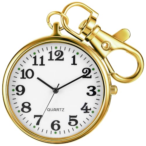 Realpoo Gold White Stainless Steel Quartz Pocket Watch for Men, Ultra-Thin Arabic Digital Dial, Key Chain- Gold White