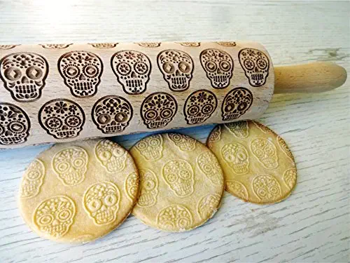 Rolling pin SUGAR SKULLS. Wooden embossing rolling pin with SUGAR SKULLS pattern. Laser Engraved Dough Roller for Embossing Homemade Halloween Cookies by Algis Crafts