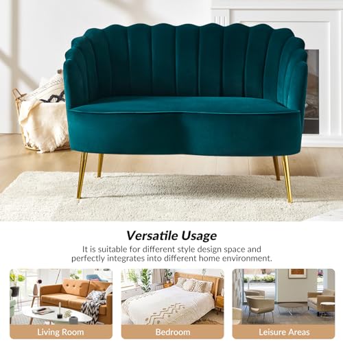Image of HULALA HOME Modern Velvet Loveseat Sofa with Flower Shaped Back, Comfy Upholstered 2-Seater Sofa with Gold Metal Legs, Small Love Seat Accent Couch for Living Bedroom Leisure Areas, Teal