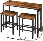 HOOBRO Bar Table and Chairs Set, 120CM Dining Table Set with Power Outlet and Footrest, 3-Piece Rectangular Pub Table Set, Space Saving for Kitchen, Living Room,Rustic Brown BF46UBT01