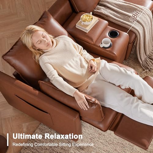 Image of 6-Seater Power Reclining Sectional Sofa Set with Storage Console, Wall-Hugger Recliner Sectional Couch with Cup Holders, Leather Reclining Sectional Couch for Living Room, Brown