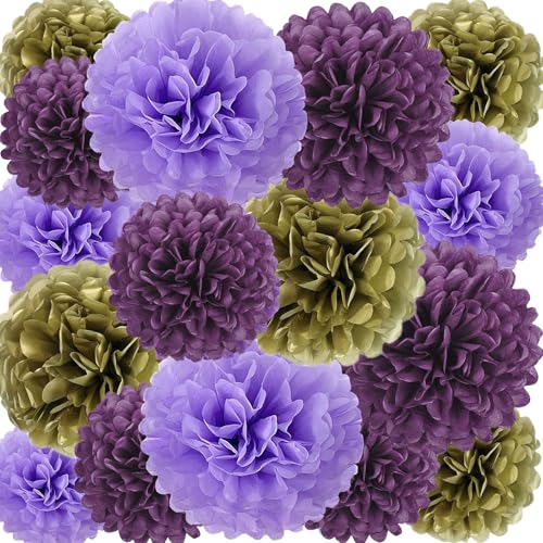 Image of 18 PCS Tissue Paper Pom Poms, Tissue Pom Poms Flowers, Sizes of 6 inch, 10 inch, 12 inch, 14 inch Hanging Paper Flower Ball for Wedding, Birthday, Halloween, Christmas, Baby Shower Party Decor (Gold Purple)