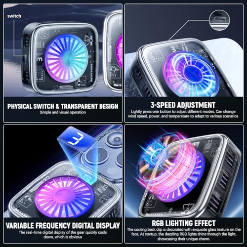 Image of Verilux Phone Cooler LED Magnetic Cell Phone Cooler with Detachable Clips LCD Digital Display Gaming Phone Cooler Silent Phone Cooler USB Rechargeable Phone Cooler for Gaming, Livestreaming