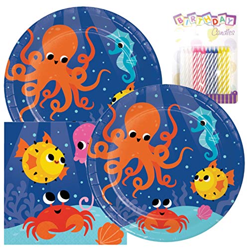 Ocean Celebration Themed Party Pack â€“ Includes Paper Plates & Luncheon Napkins Plus 24 Birthday Candles â€“ Serves 16