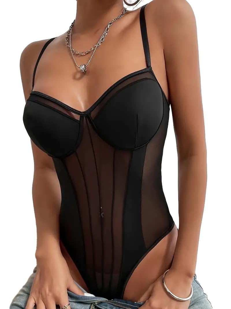 Photo 1 of Lilosy Sexy Strappy Wireless Mesh Sheer Babydoll Lingerie Women Teddy Bodysuit Corset Bustier Nightgown Nightshirt See Through One Piece Black Medium