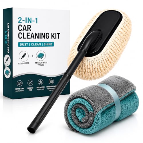 Image of 1200 GSM Microfiber Cloth | Microfiber Car Duster | 2 in 1 Car Cleaning Kit | Super Absorbent, Scratch Free Car Dust Cleaner with Extendable Handle for Dashboard, Interior, Exterior, SUV & Bike.