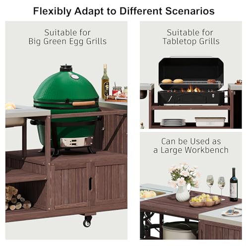 Image of Merax 75.4 inch Outdoor Grill Table for Big Green Egg, Outdoor Grill Cart with Sink, Solid Wood Grill Station Prep Table with with Stainless Steel Tabletop and Storage for Pizza Prep & BBQ,Brown