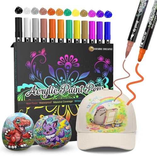 Desire Deluxe Stylos de peinture acrylique - non toxique, peinture pour pierre, céramique, verre, bois, porcelaine, cailloux, pointe ronde réversible