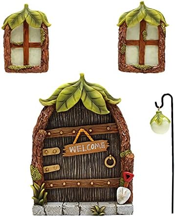 Miniature Fairy Tree Door, Mini Fairy Door with Glow Windows Resin Garden Statues Sculpture Mystical for Garden Yard Lawn Trees Decoration (A)