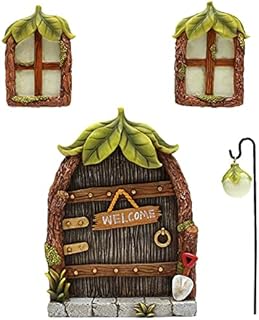 Miniature Fairy Tree Door, Mini Fairy Door with Glow Windows Resin Garden Statues Sculpture Mystical for Garden Yard Lawn Trees Decoration (A)