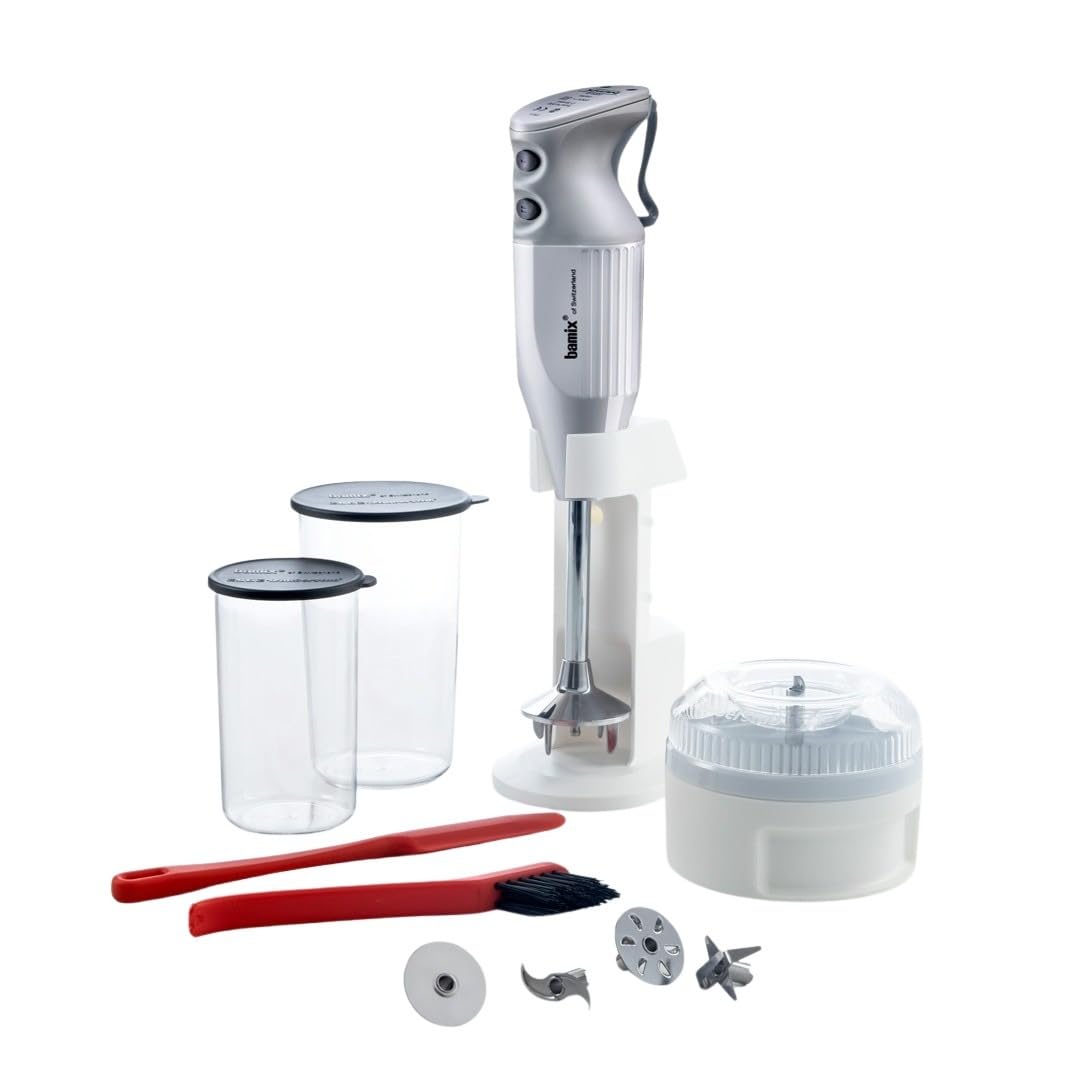 bamix M350 MAXX - Set frullatore a immersione con supporto, 2 bicchieri, 4 attrezzi, processore, spatola, spazzola per la pulizia, 300 Watt, prodotto in Svizzera, bianco/grigio chiaro