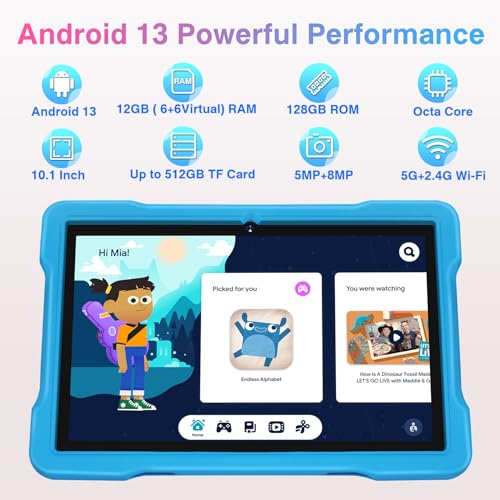 Image of Kids Tablet, 10 inch Android 13 Tablets for Kid Toddler 12GB+128GB 6000mAh Tablet with Shockproof Case 5G WiFi Google Kids Space Parental Control 1280 x 800 HD Touchscreen Dual Camera 1TB Expand -Blue