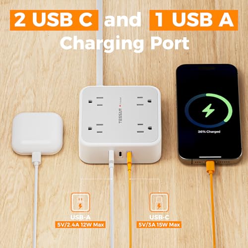 Image of TESSAN Surge Protector Power Strip, 5 Ft Flat Plug Extension Cord with 3 USB (2 USB C) 8 Outlets, 900J Protection, 3 Sided Outlet Extender with Power Switch for Office, Dorm Room, Grey
