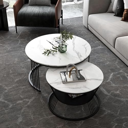 Image of Brown Art SHOPPEE Round Coffee Table Home Decor Furniture Coffee Table Sets,2 Piece MDF Top,Stacking Nesting Table with Iron Frame for Living Room Living Room or Lounge (Black & White)