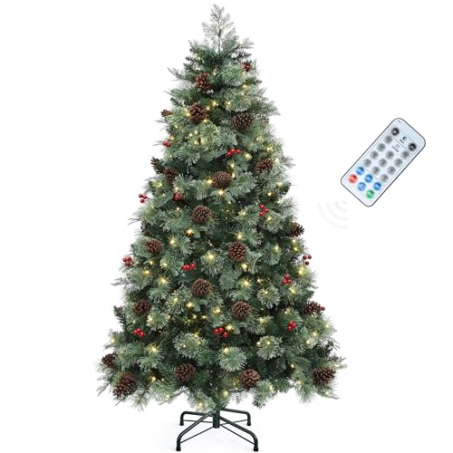 YITAHOME 7.5ft Prelit Carolina Pine Christmas Tree with Remote, Artificial Green Hinged Christmas Tree w/ 1200 Mixed Tips, Pine Needles, 45 Pinecones, 48 Red Berries, 400 Lights & 11 Modes G