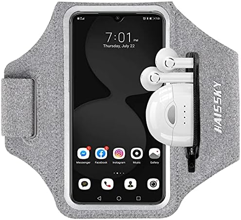 Running Armband with Airpods Bag Cell Phone Armband for iPhone 11/11 Pro/XR/XS/8/7, Water Resistant Sports Phone Holder Case with Touchscreen & Zipper Slot Car Key Holder for 6.5 inches Phone (Grey)