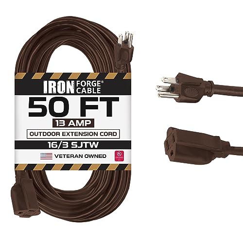 Iron Forge Cable Outdoor Brown Extension Cord 50 ft - 16 Gauge 13 Amp Heavy Duty Brown Outdoor Extension Cords 3 Prong - 16/3 SJTW - Great for Outdoor