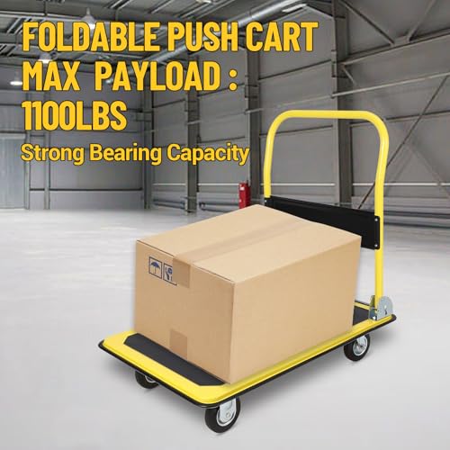 Image of Foldable Platform Truck 1100 Lbs Capacity Steel Flat Push Dolly with 5 inch Wheels 36 inch x 24 inch Heavy Duty Flatbed Hand Cart for Home Garden Office Warehouse Loading and Moving