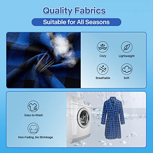 FashGudim Mens Buffalo Plaid Cotton Robe Lightweight Bathrobe Shawl Collar Kimono Sleepwear Loungewear House Robes4