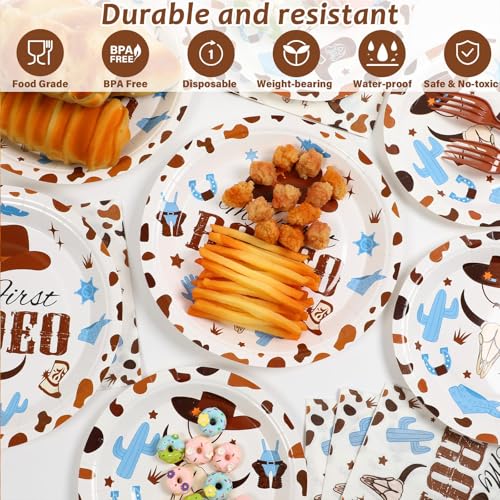 Image of 96 Pcs My First Rodeo Birthday Party Supplies Paper Plates Napkins Western Blue Cowboy 1st Rodeo Party Birthday Tableware Set Decorations Favors for Boy Baby Shower Serves 24