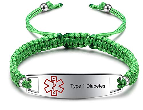 Image of JF.JEWELRY Pre-Engraved Type 1 Diabetes Medical Alert ID Bracelet | Nylon Rope Braided Medical Alert Bracelet, 6.0-8.5 Inches Adjustable