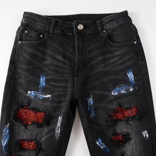 Mens Red Crystals Patchwork Jeans Skinny Stretch Tight Fit Distressed Painted Rhinestones Patched Ripped Pants2