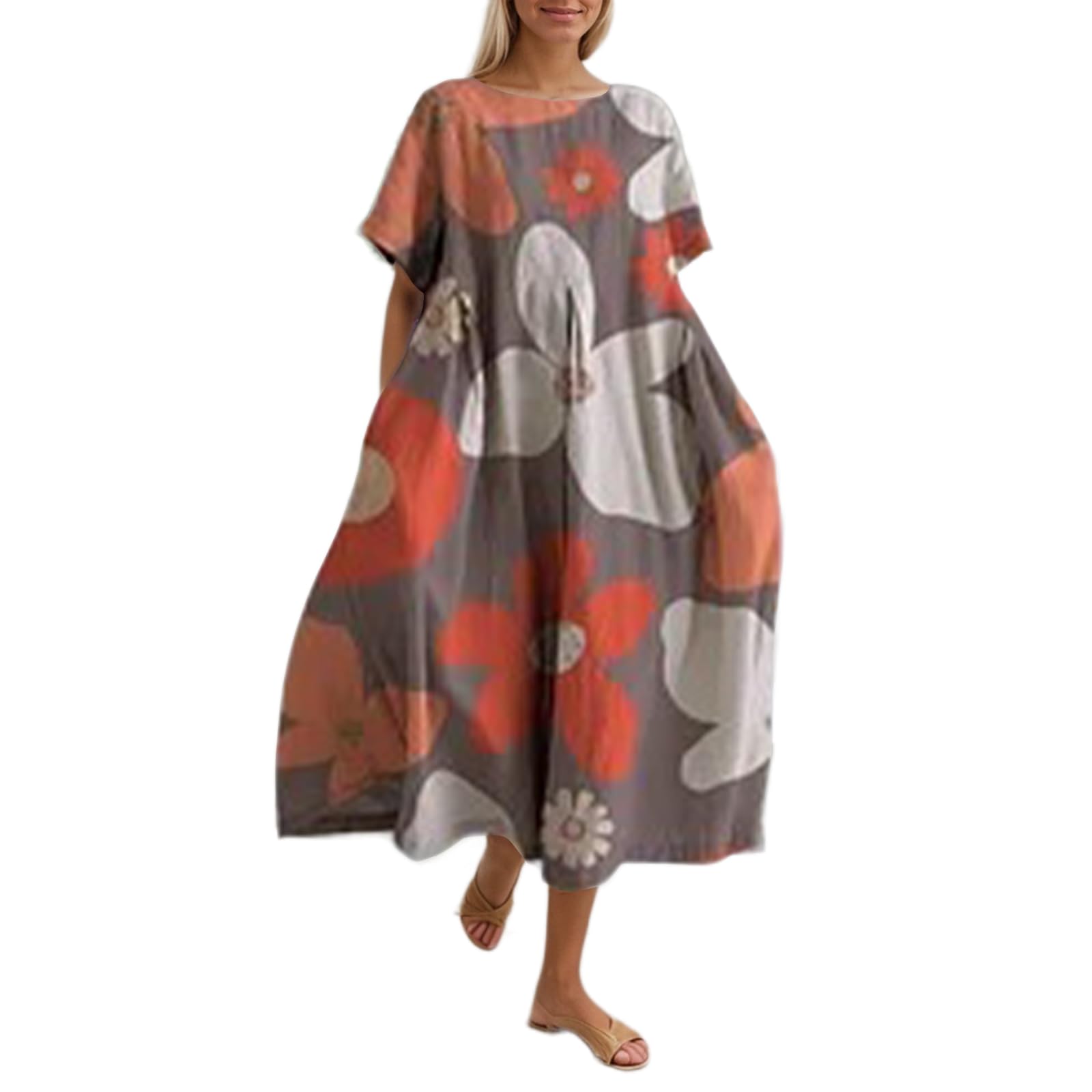 Women's Summer Cute Boho Floral Maxi Dress Flowy Casual Baggy Short Sleeve Beach Vacation Dress with Pockets