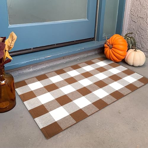 Ckorzen Coffee and White Plaid Rug,28" x 43" Outdoor Front Porch Door Decor Mat, Washable Cotton Woven Farmhouse Area Rug for Layered Door Mats Carpet, Entryway, Easter Décor